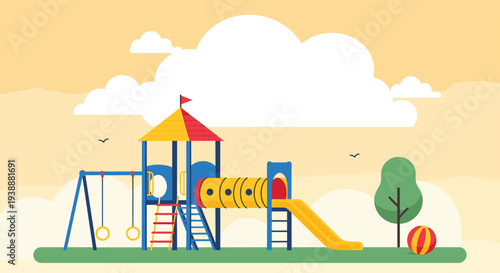 Colorful childrens playground equipment featuring a slide swings and a crawl tunnel against a soft sunset sky.