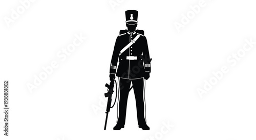 A striking black silhouette depicts a vintage soldier standing at attention with a rifle silhouette