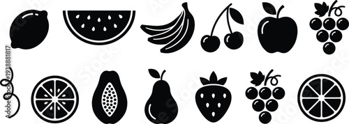 Minimalist black fruit silhouette icons collection featuring lemon, watermelon, bananas, cherries, apple, grapes, orange slice, pear, strawberry, papaya, citrus peel design for modern projects