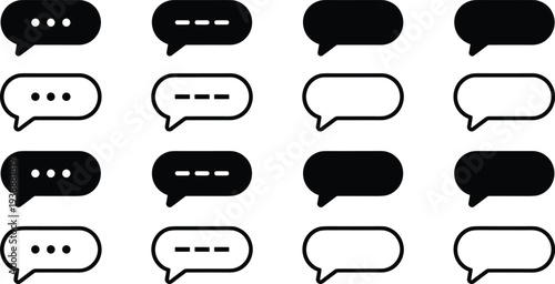 Grid of speech bubble icons with ellipsis and dash variations, minimal communication design element for chat, messaging, vector art, digital interface, and technology use