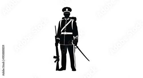 A stark black silhouette depicts a uniformed military figure standing at attention rifle present silhouette