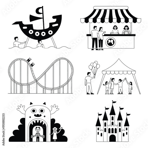 Amusement park attractions and activities in black and white