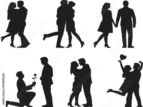 Set of black silhouettes featuring romantic couples in love hugging kissing and man proposing with rose for valentines day wedding or engagement concepts