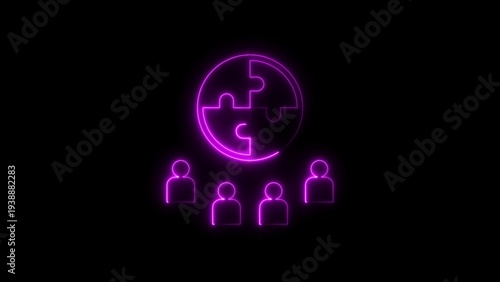 Neon Purple Puzzle Pieces and People Icons Representing Teamwork and Collaboration on a Black Background