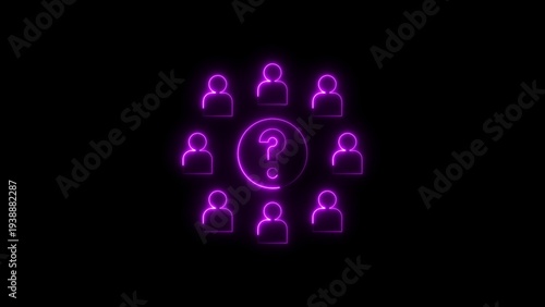 Neon Purple Question Mark Surrounded by Silhouettes of People on Black Background group confusion