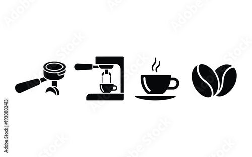 Black and white coffee making set espresso beans steam