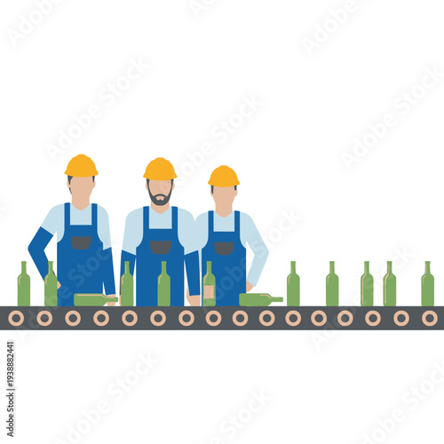 Factory workers on assembly line with green bottles, production process, manufacturing industry