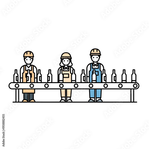 Factory workers on conveyor belt with bottles, production line, manufacturing, industrial process