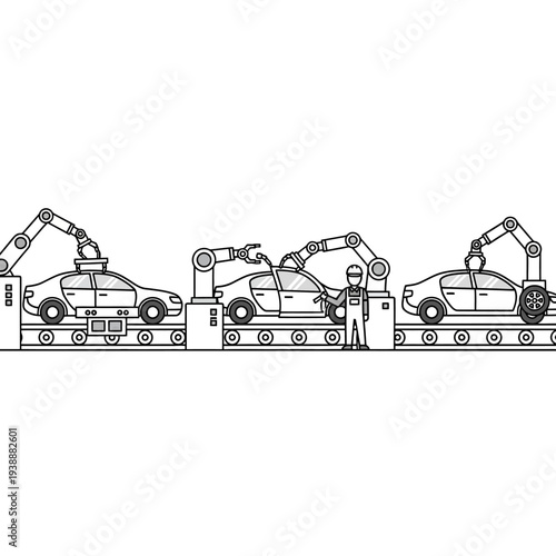Automotive Assembly Line: Robots and Workers Building Cars on Production Conveyor