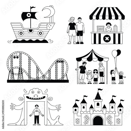 Black and white of amusement park attractions and activities