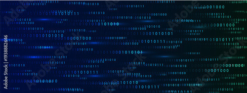 Futuristic technology backdrop. Programming symbols and blue binary code matrix. Abstract cyber Rain and visual flow. Vector illustration.