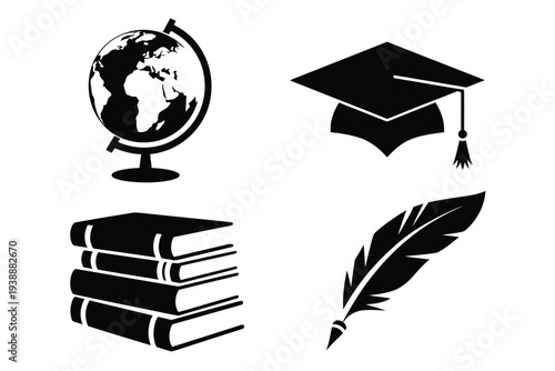 Black and white of globe, graduation cap, books, and quill
