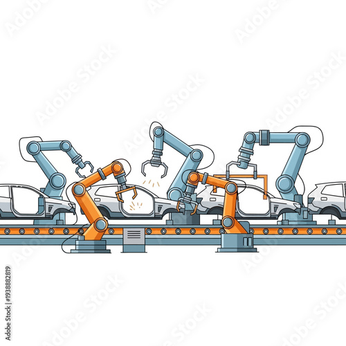 Automotive assembly line with robotic arms building cars, modern factory production