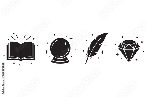 Mystical icons open book crystal ball feather and diamond sparkle