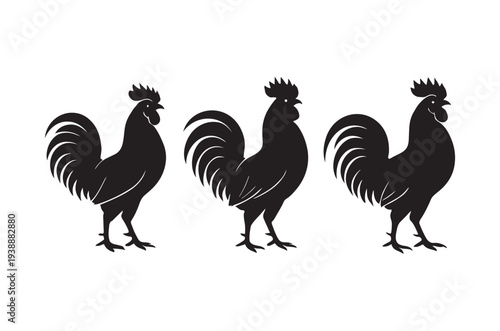 Silhouettes of three roosters in varying poses against a white background