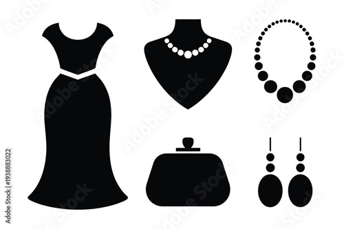 Black fashion accessories set including dress necklace clutch and earrings