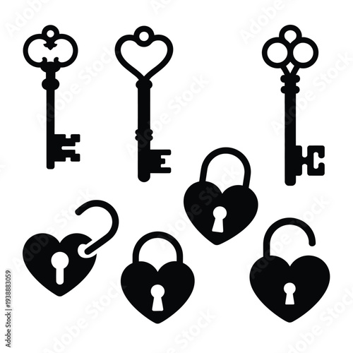 Black heart shaped locks and keys silhouette