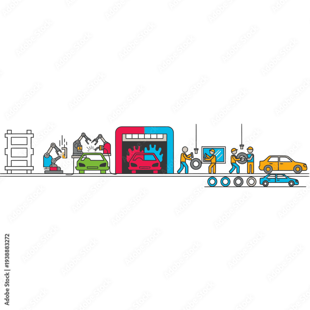 Fototapeta premium Automotive Production Line: Car Manufacturing Process, Assembly, Painting, and Finishing