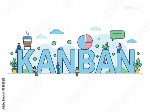 Kanban Methodology and Workflow Optimization Concept: Tiny People Working Around Large Blue Kanban Typography with Project Management Icons