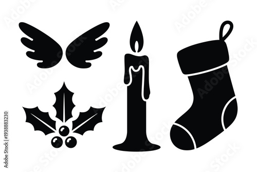 Black silhouettes of angel wings, holly, candle, and christmas stocking 1
