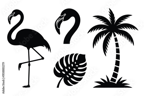 Black silhouettes of flamingos and tropical plants