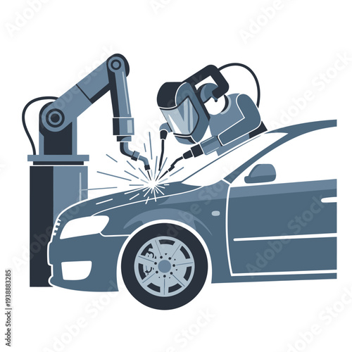 Automotive robot arm welding car body in factory, industrial manufacturing process