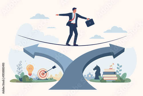 Businessman Balancing on Tightrope Over Fork in the Road with Arrows, Choosing Career Path, Business Direction, Strategy, and Goals, Decision Making Concept, Risk and Opportunity Vector Art