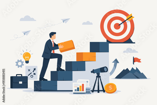Businessman building a staircase to reach a target bullseye, representing business growth, career development, strategic planning, and achieving goals with effort, vision, and data analysis.