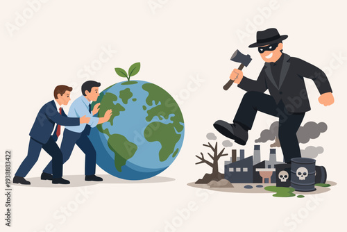 ESG Concept with Business Professionals Protecting the Green Globe from a Giant Villain Representing Industrial Pollution and Environmental Destruction, Sustainability and Corporate Responsibility