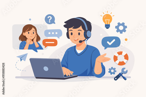 Customer Service Support Agent with Headset Helping a Woman Online. Professional Help Desk Assistant Solving Customer Problems with Laptop. Technical Support, Call Center, Online Consultation.