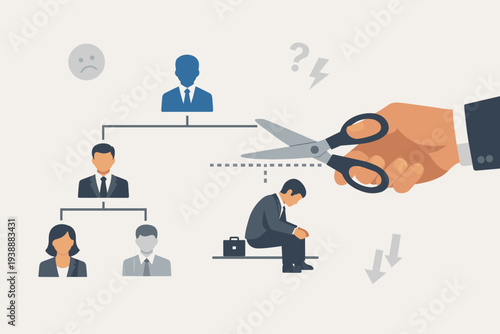 Business Downsizing and Layoff Concept with a Hand Cutting an Organizational Chart with Scissors, Representing Employee Contract Termination, Job Loss, Redundancy, and Workforce Restructuring.
