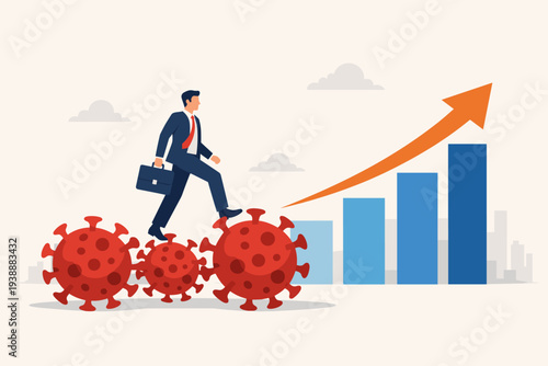 Economic recovery after Coronavirus COVID-19 crisis post pandemic concept with businessman walking over virus cells towards rising financial growth bar chart and upward arrow for success.