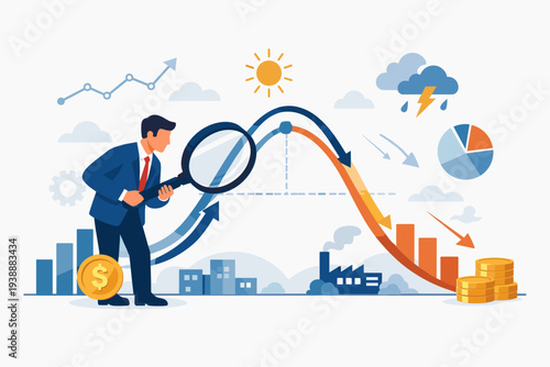 Businessman Analyzing Economic Cycle with Magnifying Glass, Showing Market Boom and Recession Trends, Financial Growth and Decline, Stock Market Analysis, Global Economy Volatility Vector.
