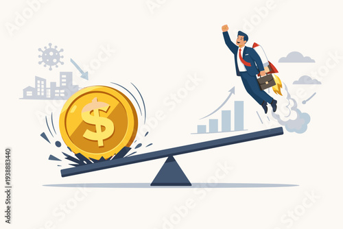 Businessman with Rocket Jetpack Launching from Seesaw Powered by Giant Gold Dollar Coin for Economic Stimulus, Financial Recovery, and Business Growth after Global Pandemic Crisis Impact.