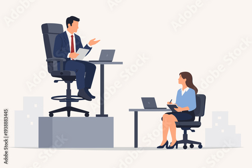 Gender inequality and pay gap concept in business with man sitting on high chair pedestal above woman colleague. Corporate career path advantage for male leadership and glass ceiling metaphor.