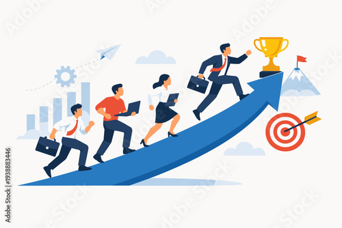 Business growth strategy and career path development concept with professional employees running up a rising arrow towards a gold trophy cup, representing success, leadership, and goal achievement.