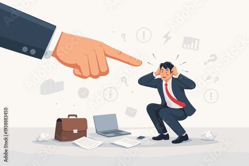 Stressed Businessman Feeling Small and Anxious Under Pressure from a Giant Boss Hand Pointing Finger, Concept of Fear of Failure, Workplace Bullying, Corporate Stress, and Mental Health at Work