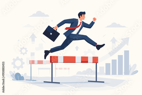 Businessman in Suit Jumping Over Hurdles Representing Overcoming Obstacles and Business Challenges to Achieve Success, Growth, and Career Progress with Ambition and Determination Illustration