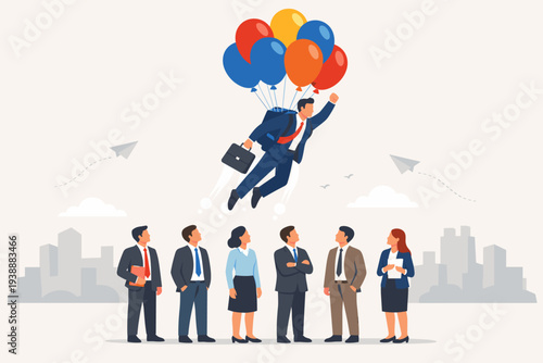 Businessman flying with colorful balloons above a group of colleagues, representing innovation, career growth, leadership, unique skills, and standing out from the crowd in a competitive market.