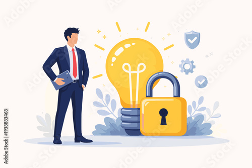 Intellectual Property Protection Concept with Businessman Standing by a Glowing Lightbulb and a Large Padlock, Representing Patent Law, Copyright, Trademark Security, and Innovation Safety