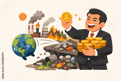 Greedy Businessman Holding Gold Coins While Earth Cries from Pollution, Global Warming, and Climate Change Caused by Industrial Waste, Forest Fires, and Irresponsible Corporate Greed Vector Art