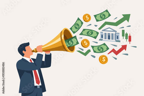 Businessman Blowing Golden Horn with Money, Gold Coins, Bank Building and Stock Market Growth Arrows, Concept of Financial News, Investment Opportunity, FED Central Bank Interest Rate Policy