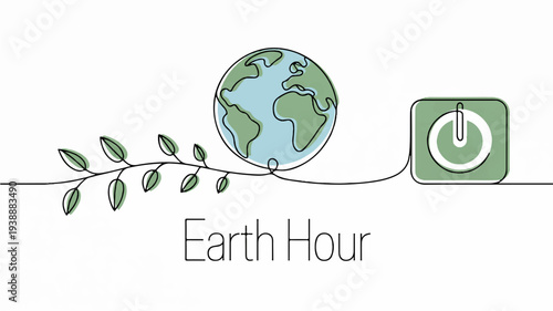 Earth hour logo with globe leafy branch and power button on white background symbolizing environmental conservation and sustainability