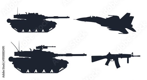 A striking collection of military vehicles and weaponry presented in a bold black silhouette high quality