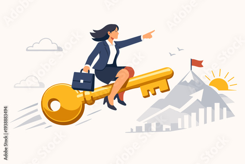 Businesswoman riding a giant golden key towards success and career goals, unlocking potential for growth, achievement, and leadership, moving forward to reach the mountain peak and bright future.