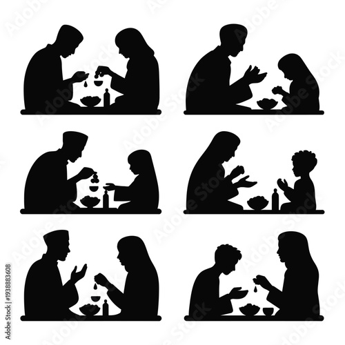 Family of four sharing meals together in silhouette style