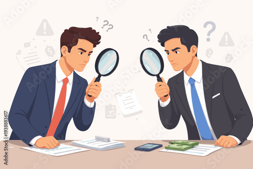 Two businessmen in suits looking through magnifying glasses at each other across a desk with money and documents, representing corporate distrust, fraud investigation, and financial auditing.