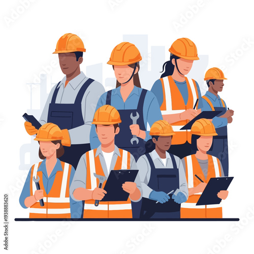 Diverse construction team, skilled workers in hard hats and safety vests, ready for work