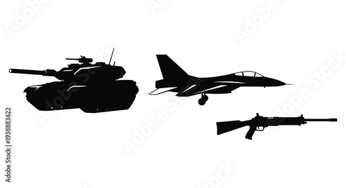 Black silhouettes of a tank fighter jet and machine gun depict military power silhouette high quality
