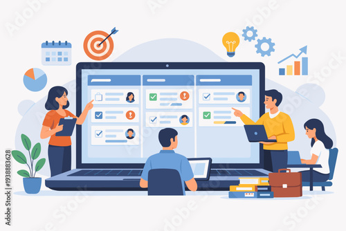 Task management software for project planning and team collaboration. Professionals organizing workflow on a digital Kanban board to improve productivity, staff assignment, and business efficiency.